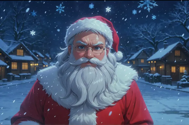 snowflakes, santa, overcast, dramatic lighting, anime screencap, 1990s style, masterpiece, best quality, CG, wallpaper, HDR, high quality, high-definition, extremely detailed