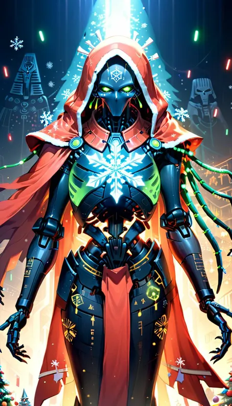 AI Overlord Santa, necrons, wearing cape, artificial intelligence, overlord, absolute ruler, glowing led lights, glowing ancient hieroglyphs all over the body, extremely detailed beautiful multicolored glowing piercing eyes, Christmas, cinematic scene, scenery, epic awesome detailed background, masterpiece, best quality, high quality, absurdres, xmas, SimplePositiveXLv2 <lora:xl_more_art-full_v1:1> <lora:necrons_xl_v1:1> <lora:xmas_xl_v1:1>