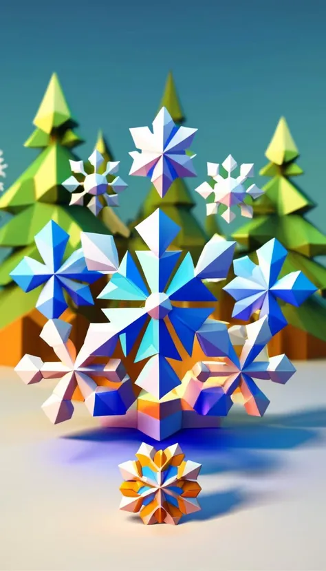 low-poly style Snowflakes, scenery, detailed background, masterpiece, best quality, high quality, absurdres <lora:snowflakes_xl_v1:1> . low-poly game art, polygon mesh, jagged, blocky, wireframe edges, centered composition