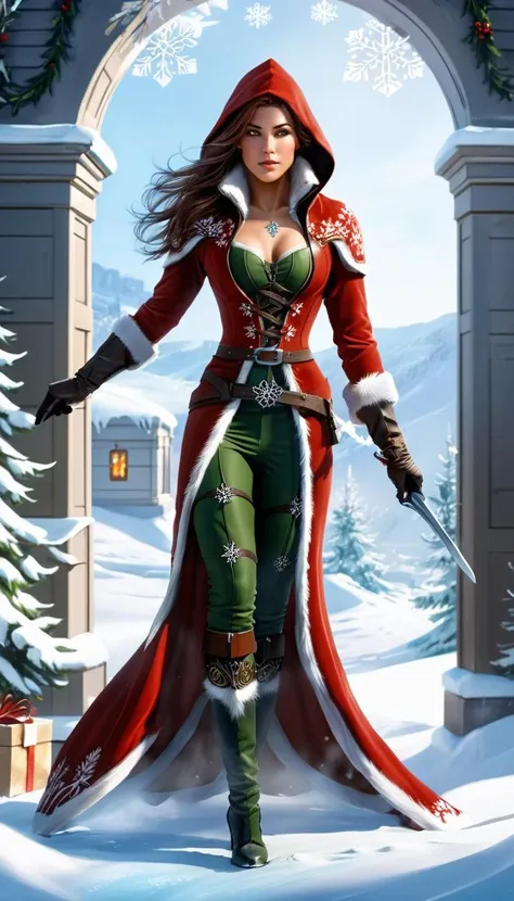 breathtaking Female fantasy rogue, snowflakes, Christmas scene, scenery, detailed background, masterpiece, best quality, high quality, absurdres <lora:snowflakes_xl_v1:1> . award-winning, professional, highly detailed