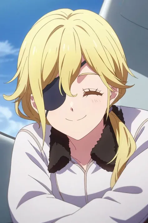 score_9, score_8_up, score_7_up, source_anime, rating_safe, , anime screencap, anime coloring, official style, , , 1girl, solo, <lora:muriel_besson_pony:0.86>, muriel_besson, blonde hair, blue eyes, eyepatch, long hair, ponytail, low ponytail, upper body, plane, dusk, lying, on stomach, (closed eyes:1.2), smile, , <lora:sdxl_lightning_8step_lora:1>