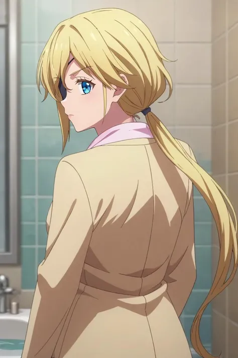 score_9, score_8_up, score_7_up, source_anime, rating_safe, , anime screencap, , , , depth of field, 1girl, solo, <lora:muriel_besson_pony:0.84>, muriel_besson, blonde hair, blue eyes, eyepatch, long hair, ponytail, low ponytail, symmetry, bathroom, dark, looking back, :\3, , <lora:sdxl_lightning_8step_lora:1>