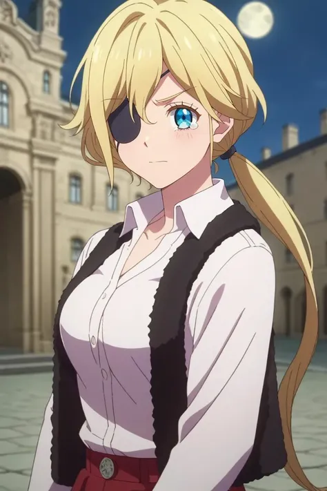 score_9, score_8_up, score_7_up, source_anime, rating_safe, , anime screencap, anime coloring, official style, looking at viewer, , 1girl, solo, <lora:muriel_besson_pony:0.86>, muriel_besson, blonde hair, blue eyes, eyepatch, long hair, ponytail, low ponytail, asymmetrical, plaza, night, full moon, standing, tearing up, , <lora:sdxl_lightning_8step_lora:1>