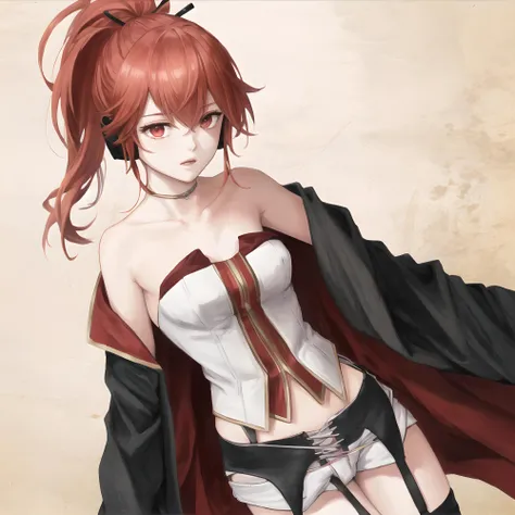 masterpiece, best quality, vocaloidcul, red hair, ponytail, red eyes, navel, garter straps, corset, coat, off shoulder, strapless, shorts, headset, <lora:cullora-10:1>