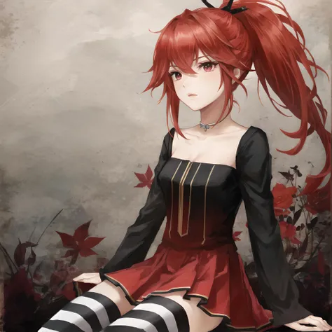 masterpiece, best quality, alternativecul:1.5, red hair, ponytail, red eyes, black dress, red skirt, striped thighhighs, <lora:cullora-10:1>