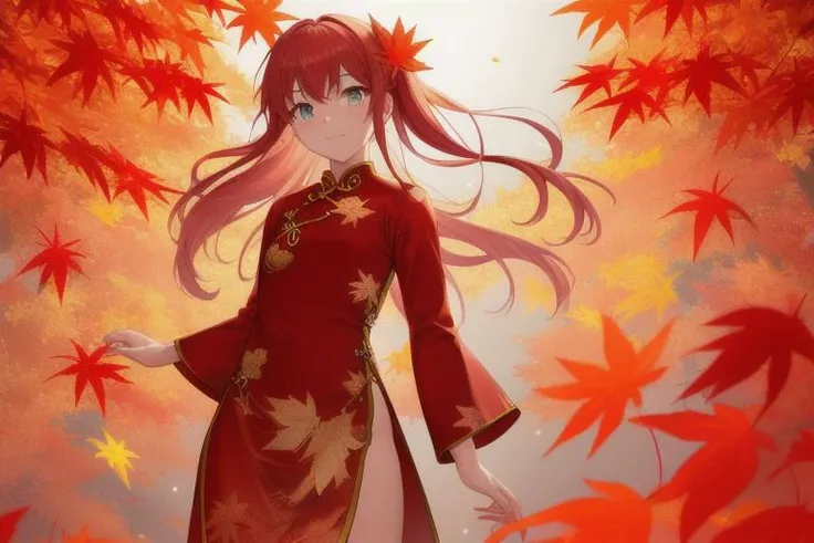 flat color, Golden ratio, {masterpiece:1.5}, {extremely detailed CG unity 8k wallpaper:1.5}, {Grim expression:1.2}, {1girls:2}, {full body:1.8}, {cry, smile:1.8}, The wind blows the maple leaves, extremely detailed maple leaf, {extremely detailed eyes:1.5}, {extremely beautiful detailed anime face:1.5}, red hair, {cute animal face:1.5}, {extremely delicate and beautiful girls:1.4}, {glowing eyes, blank stare:1.5}, {backlight:2}, body is turning into maple leaves, {flowing maple leaf background:1.4}, {depth of field:2}, Red cheongsam, extremely detailed clothes, clothes with maple leaf, {The clothes is embroidered with golden pattern:1.6}, {Maple tree background:1.5}, body with maple leaf , floating hair with maple leaf, looking at viewer, maple leaf forground, hair with maple leaf, {flowing hair:1.2}, The picture fills the canvas, {flowing:1.2}, dynamic angle, {shine}
