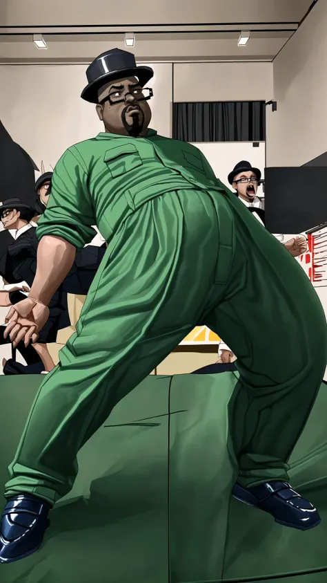 <lora:WryyyyyPose:0.8> IncrsWryyyyy, wryyyyyyyyyyyyyyyyyyyy, (bended knees:0.95), leaning back, Hatred, screaming, BREAK, <lora:BigSmoke:0.8> BigSmoke, black headwear, glasses, green shirt, fat, dark skin