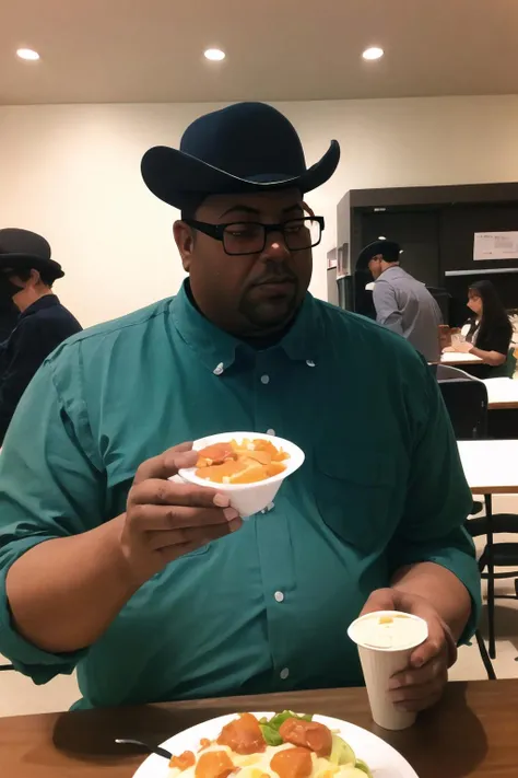 Highly detailed, High Quality, Masterpiece, beautiful, BigSmoke, <lora:BigSmoke:0.9>, 1boy, solo, cowboy shot, black headwear, food, simple background, elbows on table, cup, blurry background, indoors, upper body, <lora:Pos_AcrossTable:1>