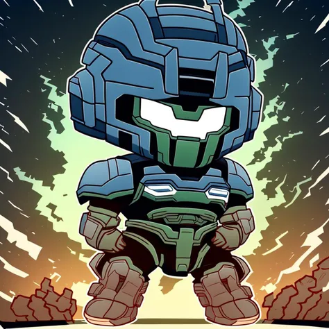 masterpiece, Master Chief standing menacingly on a dark background with lightnings behind him, thick black outline