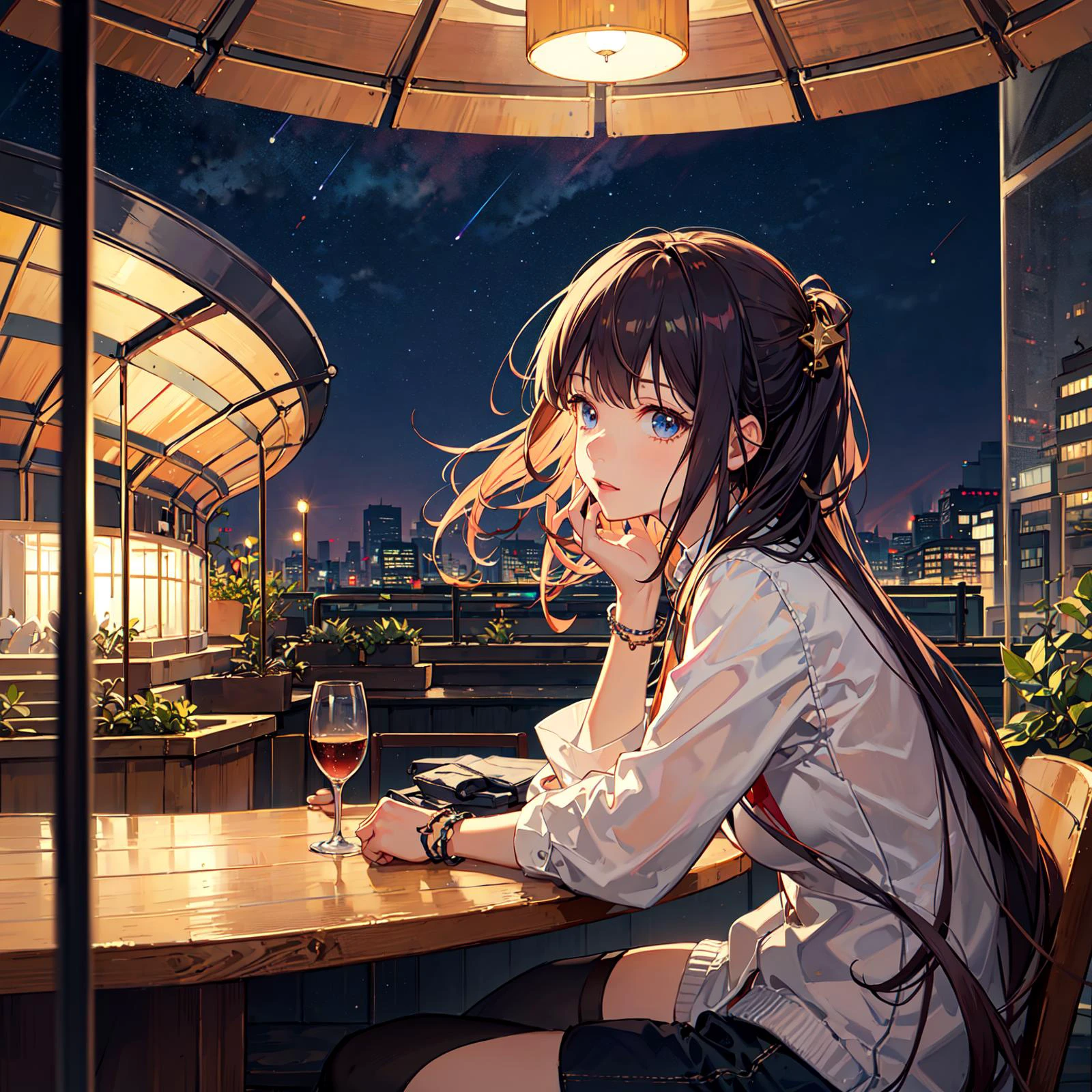 best quality, extremely detailed, detailed background, anime, 1girl, young girl, short girl, sci-fi, science fiction, outdoors, night, starry sky, greenhouse, megastructure, bio-dome, landscape, scenery, horizon, rooftop, sitting on rooftop, wind, looking away, atmospheric lighting, solo focus, close up, from side, depth of field, bokeh