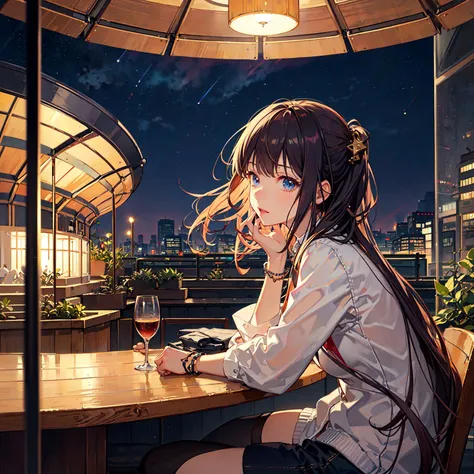 best quality, extremely detailed, detailed background, anime, 1girl, young girl, short girl, sci-fi, science fiction, outdoors, night, starry sky, greenhouse, megastructure, bio-dome, landscape, scenery, horizon, rooftop, sitting on rooftop, wind, looking away, atmospheric lighting, solo focus, close up, from side, depth of field, bokeh