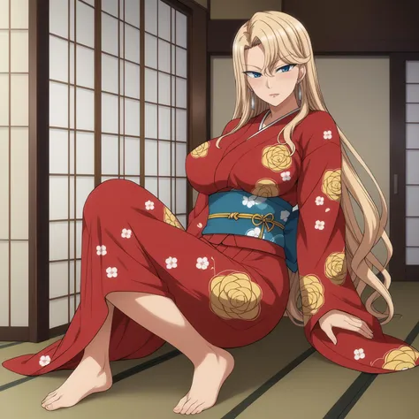 <lora:ReikaKurashikiXLpony006>,
solo,
ReikaKurashiki,1girl,blonde hair,long hair,blue eyes,earrings,
large breasts,
indoors,
full body,print_kimono,