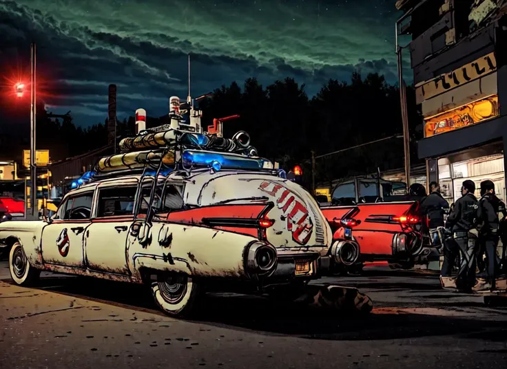 Highly detailed RAW full color high quality wide-angle 16mm photograph of a dirty rusted old ecto_1 speeding through downtown New York City (((at night))), ((midnight)), headlights on, emergency lights on, tinted windows, ((cinematic, studio lighting)), intricate, photorealistic, clean, clear, hyper-realism, hyper-realistic, high-res, 4k, 8k, dramatic, epic composition, sharp foucs, shallow depth of field, bokeh, ((nighttime)), professional, HDR, lens flare, (((green supernatural lighting in sky))), <lora:Ecto-1:1>