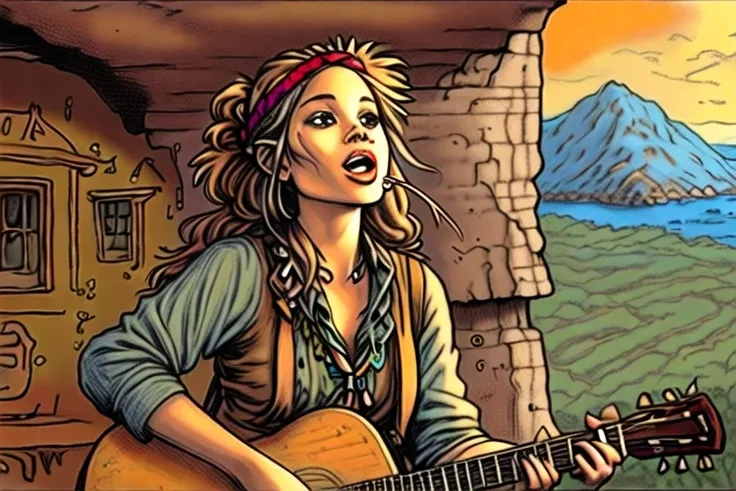 The beautiful hippie girl wore a bandana and not much else. She sings as she works in her cliff dwelling