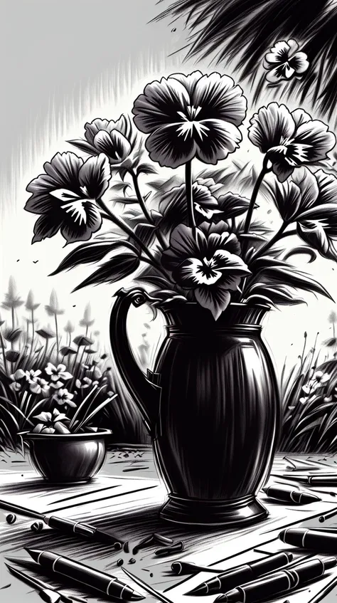 CharcoalDarkStyle colorful pansies brightening up a spring garden <lora:CharcoalDarkStyle:1>, charcoal drawing, sketch, rough, dark, (Masterpiece:1.3) (best quality:1.2) (high quality:1.1)