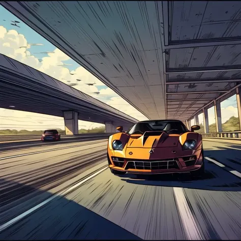 a sportscar on a highway, morning