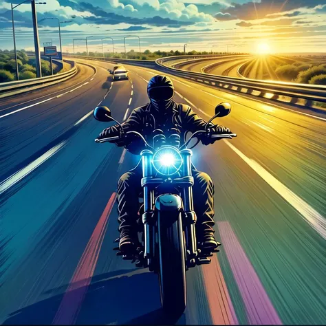 a biker driving very fast on a highway, morning time, cloudy weather