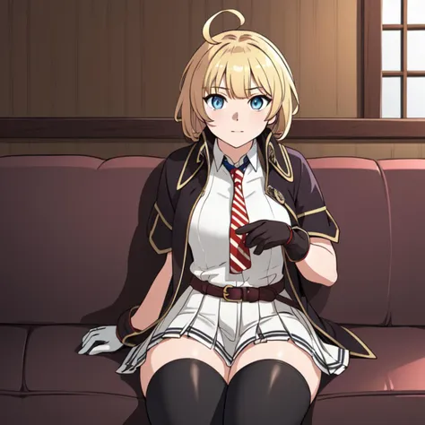 <lora:M1911_Girls_Frontline:1> m1911, american flag tie, blue_eyes, blonde_hair, short_hair, bangs, gloves, jacket, shirt, ahoge, pleated_skirt, belt, black footwear, thighhighs. stripped tie, mismatched thighhigh socks, sitting on couch, living room, best quality, masterpiece, detailed, 8K, uhd, (extremely detailed CG unity 8k wallpaper),(masterpiece), (best quality), (ultra-detailed), (best illustration), detailed face, skin pores, detailed skin, detailed eyes, high quality eyes, good quality hands, high resolution, great anatomy