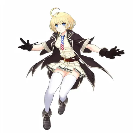 <lora:M1911_Girls_Frontline:1> m1911, american flag tie, blue_eyes, blonde_hair, short_hair, bangs, gloves, jacket, shirt, ahoge, pleated_skirt, belt, black footwear, thighhighs