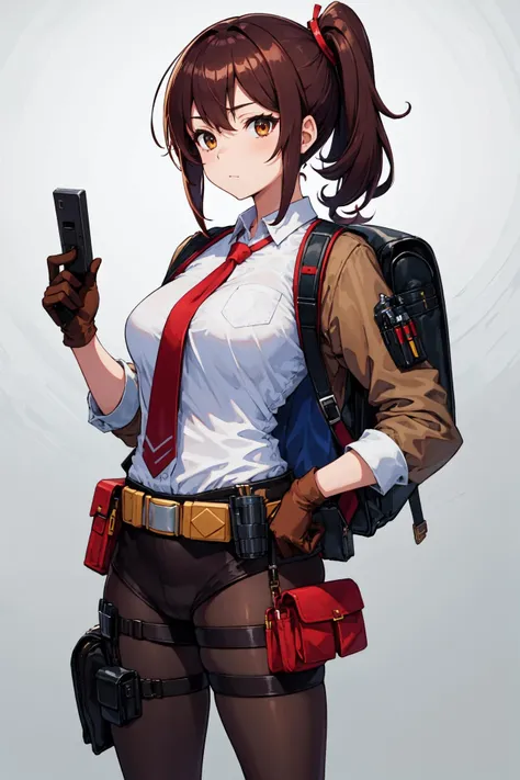 Masterpiece, best quality, perfect lighting, 1girl, solo, dirty brown hair, medium hair, messy hair, side ponytail, red hair tie, medium breasts, brown pantyhose, dark brown jacket, red tie, white shirt, gloves, (utility belt, hip holster:1.3), utility backpack, mature female,