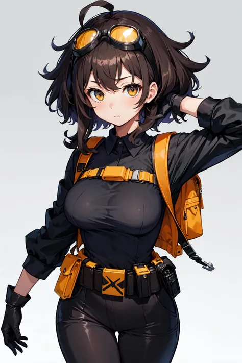 Masterpiece, best quality, perfect lighting, 1girl, solo, dark brown hair, medium hair, puffy hair, messy hair, fluffy hair, amber eyes, ahoge, looking at viewer, (techwear jacket:1.3), black gloves, black utility pants, utility backpack, goggles on head, utility belt, (perfect breasts:1.3), facing viewer, ((black shirt)) mature female