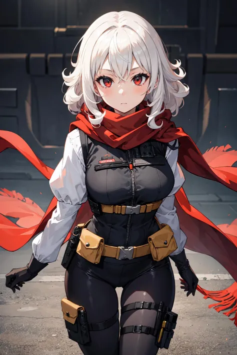 Masterpiece, best quality, perfect lighting, 1girl, solo, white hair, puffy hair, messy hair, medium hair, (tactical vest:1.3), red scarf, utility belt, black utility pack, black leggings, medium breasts, ((thigh holster)), cape, long sleeves, mature female