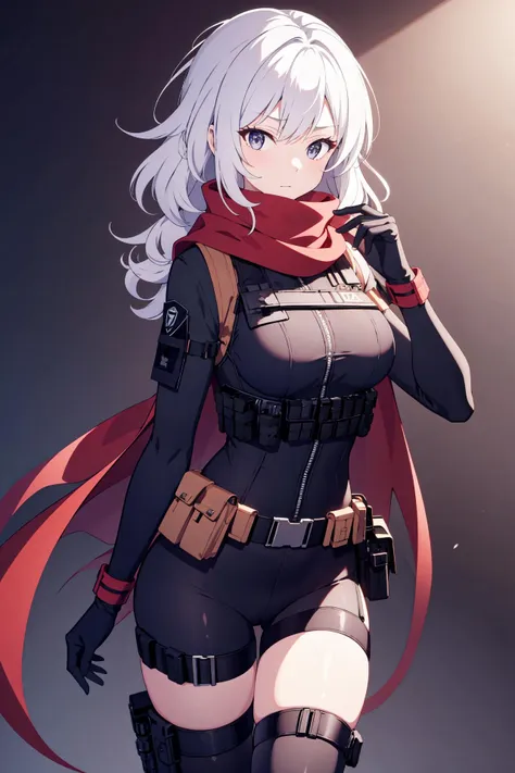 Masterpiece, best quality, perfect lighting, 1girl, solo, white hair, puffy hair, messy hair, medium hair, (tactical vest:1.3), red scarf, utility belt, black utility pack, black leggings, black gloves, medium breasts, ((thigh holster)), cape, long sleeves, mature female