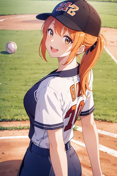 Masterpiece, best quality, perfect lighting, 1girl, solo, orange hair, baseball cap, baseball uniform, ponytail, baseball field scene, open mouth, smile, breasts, from behind pov,