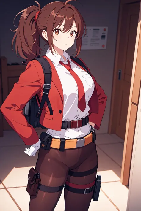 Masterpiece, best quality, perfect lighting, 1girl, solo, dirty brown hair, medium hair, messy hair, side ponytail, red hair tie, medium breasts, brown pantyhose, dark brown jacket, red tie, white shirt, gloves, (utility belt, hip holster:1.3), utility backpack, mature female,