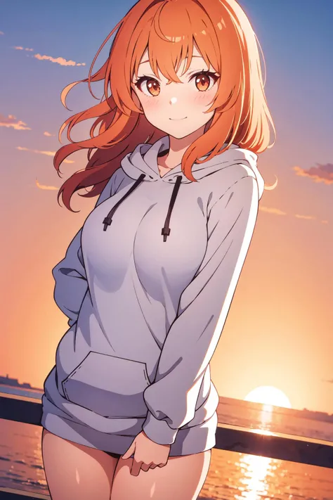 Masterpiece, best quality, perfect lighting, 1girl, solo, orange hair, puffy hair, medium breasts, hoodie, sunset, looking at viewer, slight smile, mature female, blush,