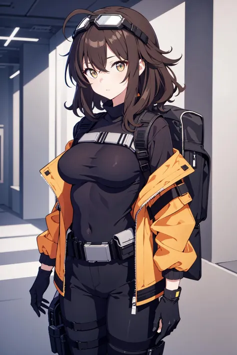 Masterpiece, best quality, perfect lighting, 1girl, solo, dark brown hair, medium hair, puffy hair, messy hair, fluffy hair, amber eyes, ahoge, looking at viewer, (techwear jacket:1.3), black gloves, black utility pants, utility backpack, goggles on head, utility belt, (perfect breasts:1.3), facing viewer, ((black shirt)) mature female