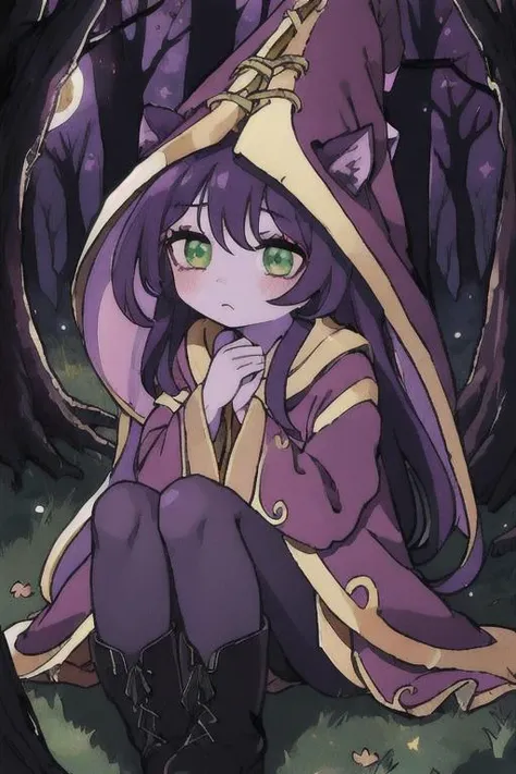 sad, unhappy, sitting, dark forest, moon, pantyhose, purple hair, purple skin, witch hat, green eyes, animal ears, blush, boots, colored skin, dress, lulu \(league of legends\), absurdres, highres, skinny, best quality, masterpiece, extremely detailed, <lora:luluFromLeagueOf_luluV1:1>