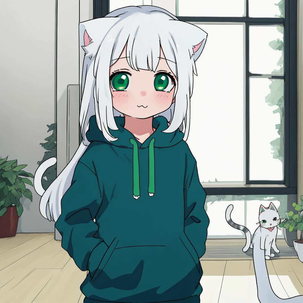 1girl, (kawaii), (white hair with bangs: 2),
thin, athletic, small hips, narrow waist and tanned skin
(cute face) (deep green eyes),
(blue hoodie) & a (cat ear beenie)
(indoors)