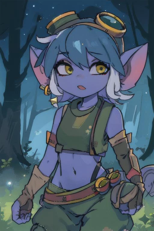 forest, night, Tristana \(league of legends\), league of legends, goggles, goggles on head, gloves, navel, jewelry, earrings, fingerless gloves, elbow gloves, belt, green pants, crop top arm sleeves, grenade belt, toeless legwear, (blue skin:1.2), <lora:tristanaLeagueOf_LoraTristanafinal:0.7>