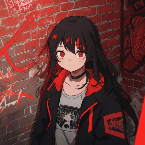 best quality, intricate details, chromatic aberration,

1girl, long hair, black hair, messy hair, red highlights, hair over one eye, red eyes, sharp eyes,

choker, neon shirt, torn legwear, open jacket,

against wall, brick wall, graffiti, dim lighting, alley