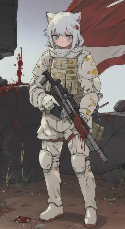 one cat, white furr, modern soldier armor, holding a sniper riffle, standing on battlefield, covered in blood, sad face, side view, hdr, masterpiece, high resolution,