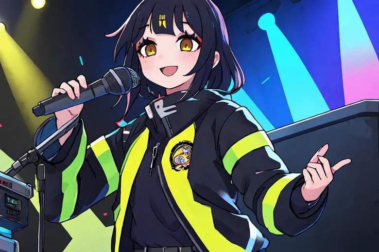 masterpiece, best qaulity, 1 girl, stage, kpop idol, higlights, music broadcasting, (professional lights), black hairs, subtle makeup, smile, singing, black bunker gear jacket, yellow inner, see-through