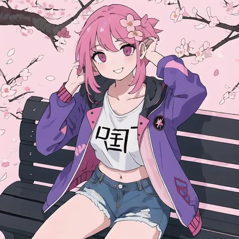 1girl, pink eyes, multicolored hair, sitting, on bench, smile, cherry blossoms, casualwear, from above, medium breasts, (detailed:1.2), masterpiece, ripped denim shorts, (best quality:1.4), (hands behind head:1.3), jacket, camisole, midriff