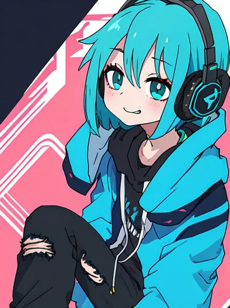 best quality, 1girl, cute face, full body, black hoodie, put headphones around neck, looking away, short bob cut, (aqua blue hairs), hongdae club, smirk, highres, stylish black jeans