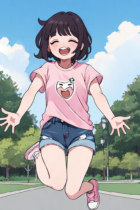 masterpiece, best qaulity, 1 girl, wearing a trendy pink and white striped t-shirt, denim shorts, and white sneakers, jumping and laughing with her arms outstretched (laughing face: 1.1), in an urban park, (short wavy hair + full bangs: 1.2)