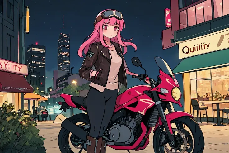 (masterpiece, best qaulity), (1 girl:1.3), solo, motorcycle, standing, leggings, boots, leather jacket, bokeh, night city landscape, outdoor cafe, helmet with goggles, brown long hairs, pink eyes,