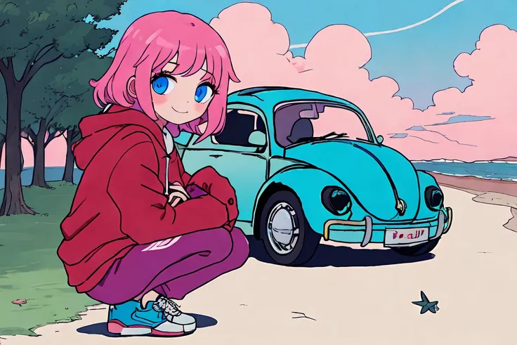 masterpiece, best qaulity, ((1 girl)), solo, (volkswagen beetle), smlie, seashore street, full body, sneakers, squatting next to the car, red hoodie, cumulonimbus cloud, dreamy atmosphere, looking at viewer, pink hairs, blue eyes,