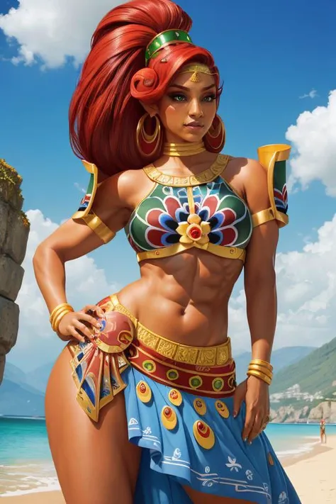 masterpiece, best quality,dynamic pose, solo, absurdres,scenery, <lora:GAME_Gerudo_urbosa_aiwaifu69-10:0.8>,GAME_Gerudo_urbosa_aiwaifu, aiwaifu69,tall_female,Urbosa, abs, armor, blue lips, very long hair, circlet, crop top, dark-skinned female, dark skin, earrings, green eyes, hoop earrings, jewelry, long hair, long skirt, makeup, midriff, muscular, muscular female, narrowed eyes, navel, neck ribbon, pointy ears, print skirt, red hair, ribbon, shoulder armor, side slit, swept bangs, tan, wide ponytail, big hair, large breasts, wide hips, toned, curvy, gerudo,