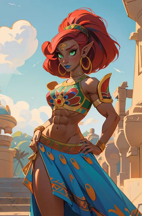 masterpiece, best quality,dynamic pose, solo, absurdres,scenery,        <lora:GAME_Gerudo_urbosa_aiwaifu69-10:0.8>,     GAME_Gerudo_urbosa_aiwaifu, aiwaifu69,tall_female,Urbosa, large breasts,abs, armor, blue lips, very long hair, circlet, crop top, dark-skinned female, dark skin, earrings, green eyes, hoop earrings, jewelry, long hair, long skirt, makeup, midriff, muscular, muscular female, narrowed eyes, navel, neck ribbon, pointy ears, print skirt, red hair, ribbon, shoulder armor, side slit, swept bangs, tan, wide ponytail, big hair,  wide hips, toned, curvy, gerudo,ornate,