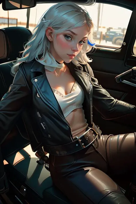 Create a Swedish woman, red big eyes, young, 19 years old, with broken white hair, thick lips, sitting on the hood of a Supra, raining, night, wearing a purple hoodie, plaid skirt, looking up at the sky with a finger on her lip, beautiful face and body