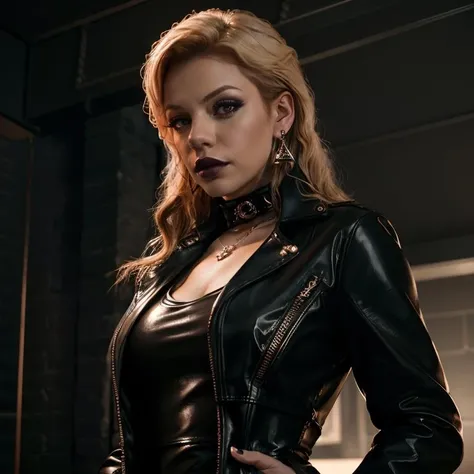(masterpiece:1.2), (best quality,:1.2), 8k, highly detailed, hyperrealistic, cinematic lighting, ambient lighting, fantasy, Gia, <lora:Gia-10:1>, cowboy shot, dynamic pose, earrings, choker, necklace, jewelry, dark lipstick, dark makeup, latex dress, leather coat, turtleneck pullover,