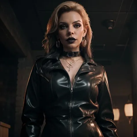 (masterpiece:1.2), (best quality,:1.2), 8k, highly detailed, hyperrealistic, cinematic lighting, ambient lighting, fantasy, Gia, <lora:Gia-10:1>, cowboy shot, dynamic pose, earrings, choker, necklace, jewelry, dark lipstick, dark makeup, latex dress, leather coat, turtleneck pullover,