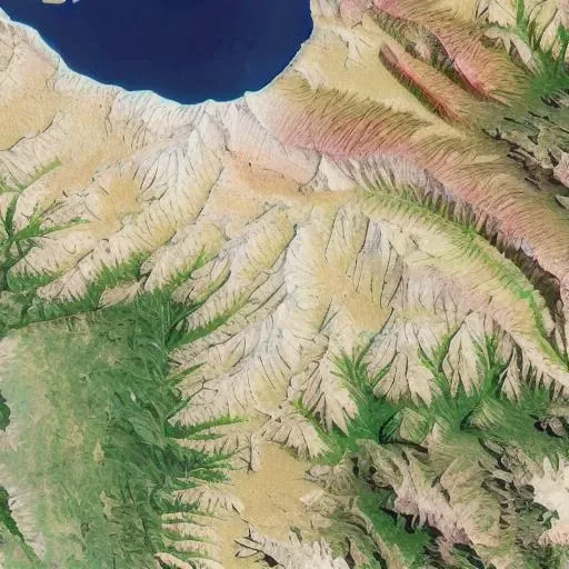 satellite image of oeax location, mapsatimageeu, (gamelandscapeheightmap512:0.5), cost, ((ocean)), mesa, hills, rivers,