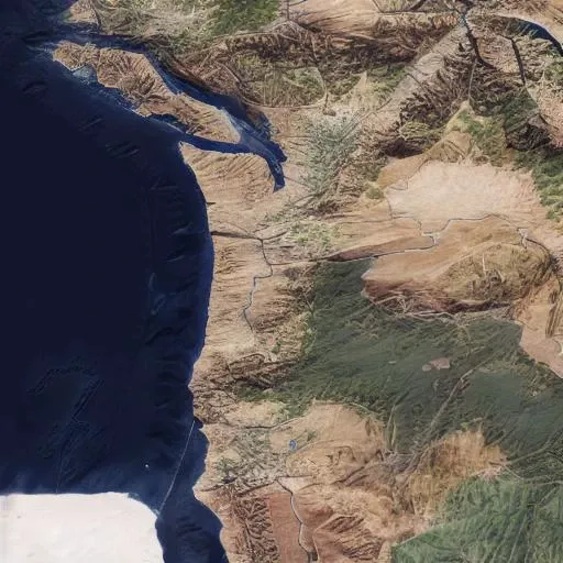satellite image of oeax location, mapsatimageeu, (gamelandscapeheightmap512:0.5), coast, ((ocean)), mesa, hills, Style-Renaissance
