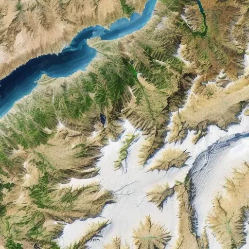 satellite image of oeax location, mapsatimageeu, (gamelandscapeheightmap512:0.55), cost, ((ocean)), mesa, hills, rivers, snow